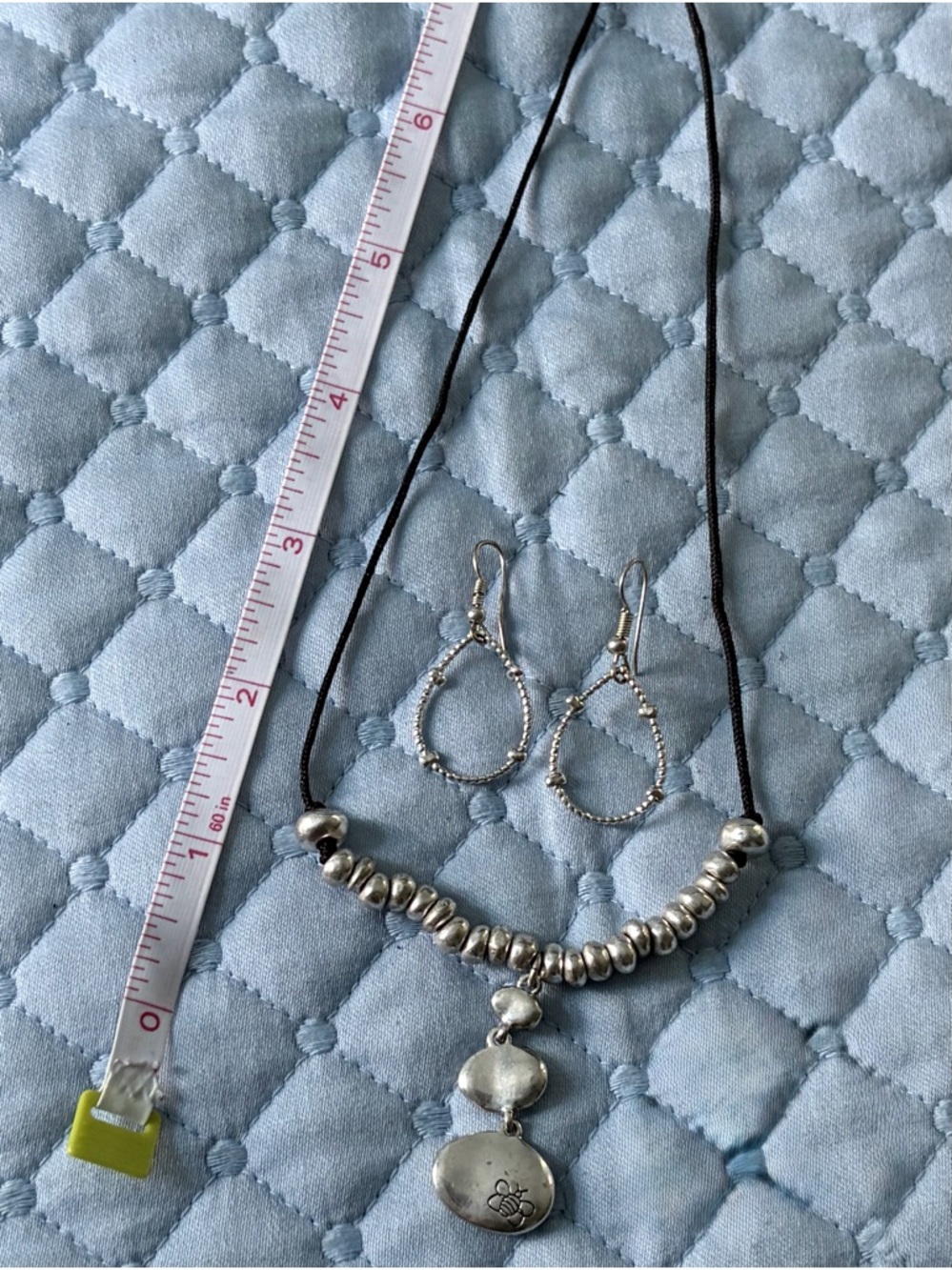 Silver-Tone Bead Pendant Necklace and Hoop Earrings